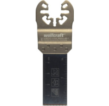 Ponorný pílový list Wolfcraft pre multifunkčné náradie, s mierkou v centimetroch a palcoch, vhodný na drevo, plast a kov.