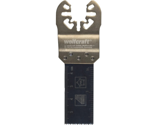 Ponorný pílový list Wolfcraft pre multifunkčné náradie, na drevo a PVC, s mierkou v centimetroch a palcoch.