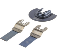 Wolfcraft 3-dielna súprava pre multifunkčné náradie s dvomi ponornými pílovými listami a jedným segmentovým pílovým listom.