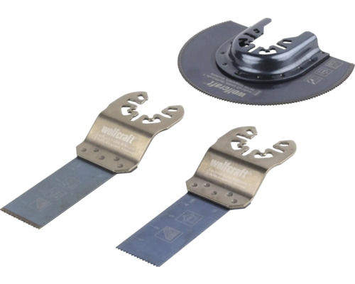 Wolfcraft 3-dielna súprava pre multifunkčné náradie s dvomi ponornými pílovými listami a jedným segmentovým pílovým listom.