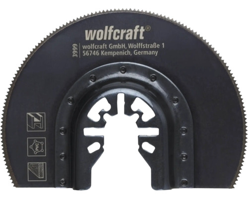 Logo Wolfcraft na segmentovom pílovom kotúči pre multifunkčné náradie, vhodný na drevo, PVC a kov, s univerzálnym upínaním.