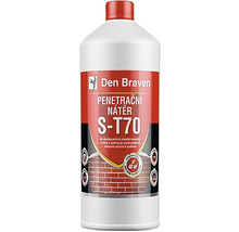 Penetračný náter Den Braven S-T70 pre porézne stavebné materiály v bielej plastovej fľaši s červeným uzáverom.