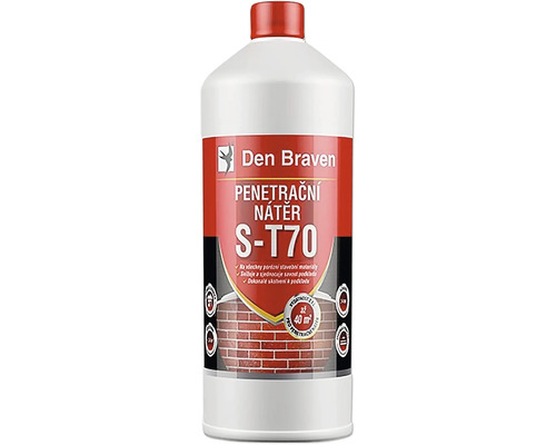 Penetračný náter Den Braven S-T70 pre porézne stavebné materiály v bielej plastovej fľaši s červeným uzáverom.