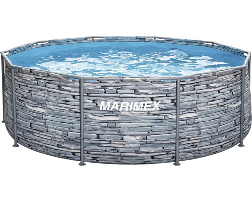 Kruhový bazén Marimex s kovovou konštrukciou a dekórom kameňa.
