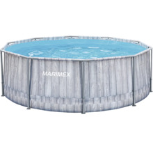 Okrúhly nadzemný bazén Marimex s konštrukciou, stenou v dekore dreva a viditeľným kovovým rámom, naplnený vodou.