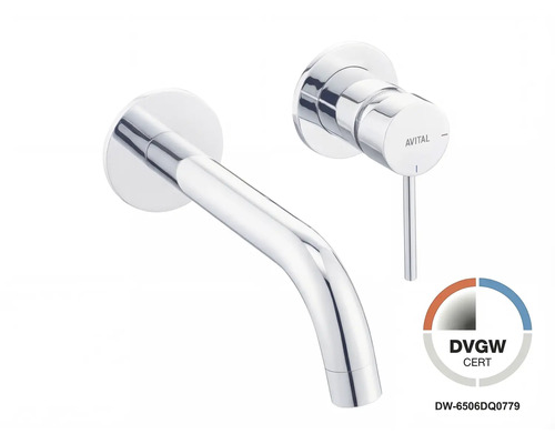 Nástenná umývadlová batéria AVITAL, chrómovaná, so zahnutým výtokom a pákou, certifikácia DVGW.