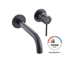 AVITAL nástenná umývadlová batéria v matnej čiernej farbe, dvojotvorová armatúra so zahnutým výtokom a pákovou batériou, certifikácia DVGW.