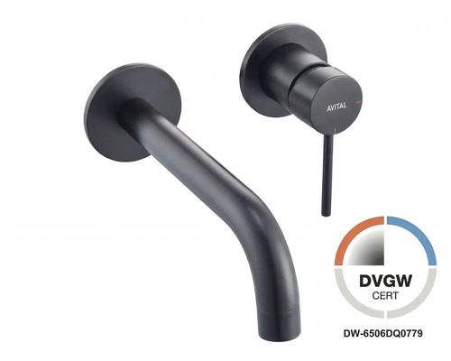 Baterie umývadlová Avital Arnette eco AVITAL nástenná umývadlová batéria v matnej čiernej farbe, dvojotvorová armatúra so zahnutým výtokom a pákovou batériou, certifikácia DVGW.