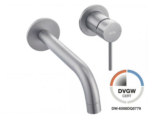Nástenná umývadlová batéria Avital s výtokom a pákou, vzhľad nehrdzavejúcej ocele, certifikácia DVGW, Avital Logo.