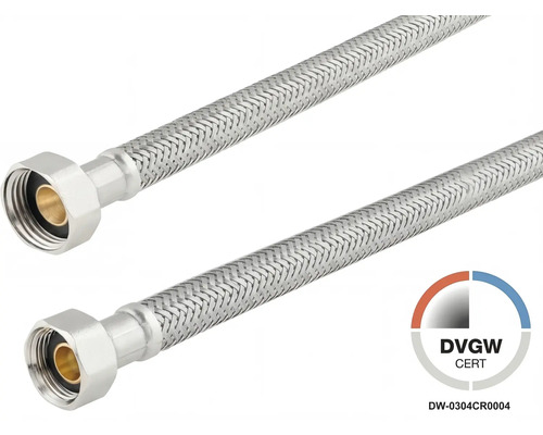 Flexibilná pripojovacia hadica z nerezového opletu a DVGW Logo.