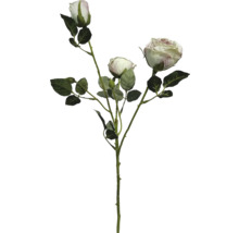 Umelá vetvička ruže s tromi krémovými kvetmi a zelenými listami.