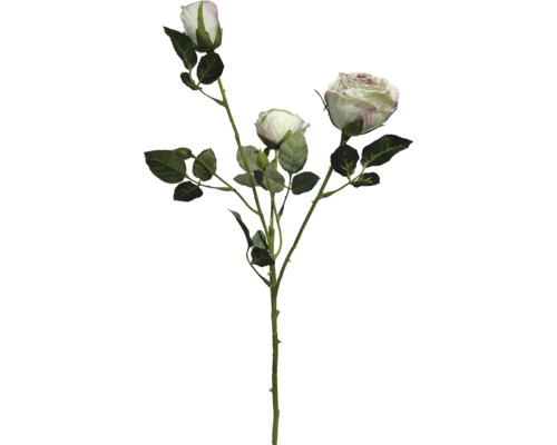 Umelá vetvička ruže s tromi krémovými kvetmi a zelenými listami.