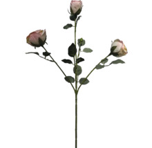 Umelá vetvička ruže s tromi púčikmi a zelenými listami.