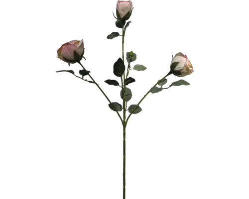 Umelá vetvička ruže s tromi púčikmi a zelenými listami.