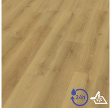 Laminátová podlaha so vzhľadom dreva s ochranou proti vode po dobu 24 hodín a povrchom odolným voči poškriabaniu.