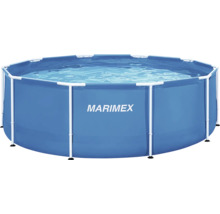 Kruhový nadzemný bazén Marimex s kovovou konštrukciou a modrou fóliou, naplnený vodou.