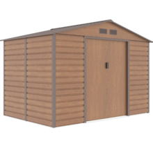 Kovový záhradný domček vo vzhľade dreva so sedlovou strechou, vetracími otvormi a dvojitými posuvnými dverami.