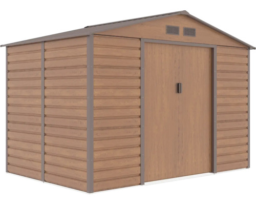 Kovový záhradný domček vo vzhľade dreva so sedlovou strechou, vetracími otvormi a dvojitými posuvnými dverami.