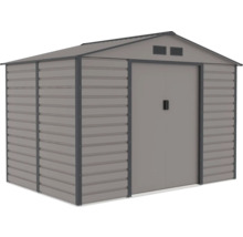 Kovový domček na náradie so sedlovou strechou, dvojkrídlovými dverami a vetracími otvormi.