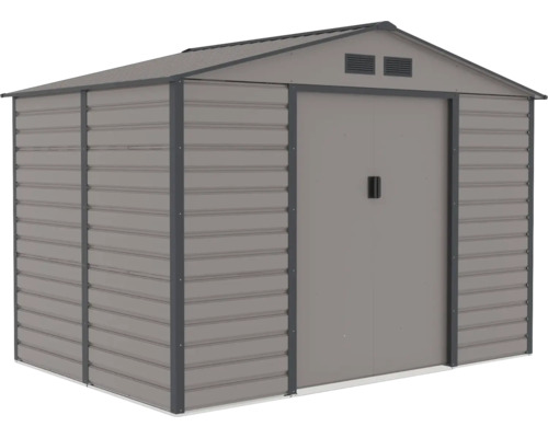 Kovový domček na náradie so sedlovou strechou, dvojkrídlovými dverami a vetracími otvormi.