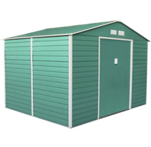 Zelený kovový záhradný domček so sedlovou strechou, dvojitými posuvnými dverami a vetracími otvormi.