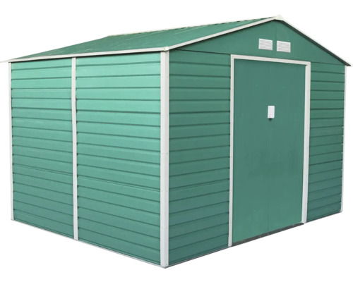 Zelený kovový záhradný domček so sedlovou strechou, dvojitými posuvnými dverami a vetracími otvormi.