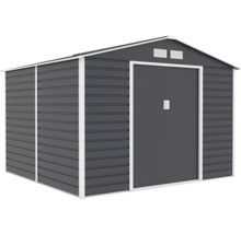 Kovový záhradný domček v tmavosivej farbe s bielym rámom, sedlovou strechou a dvojkrídlovými dverami.