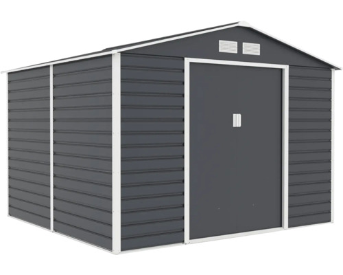 Kovový záhradný domček v tmavosivej farbe s bielym rámom, sedlovou strechou a dvojkrídlovými dverami.