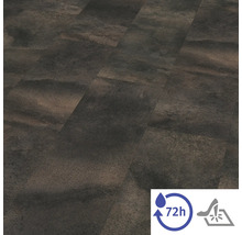 Podlahová krytina v tmavom kamennom vzhľade, vodoodolná až 72 hodín a odolná voči nárazu.