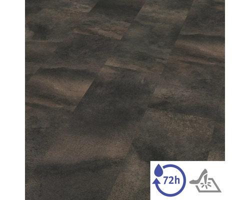 Podlahová krytina v tmavom kamennom vzhľade, vodoodolná až 72 hodín a odolná voči nárazu.