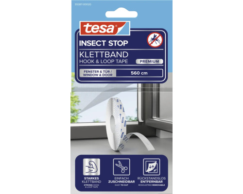 Logo tesa, suchý zips Insect Stop Premium pre okná a dvere, 560 centimetrov, pevný úchyt, ľahko sa strihá, odstrániteľný bez zvyškov.