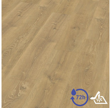 Laminátová podlaha so vzhľadom duba so štruktúrou a hrčami. Vodoodolná po dobu 72 hodín a povrch odolný proti poškriabaniu.