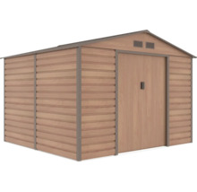 Kovový záhradný domček s dekorom dreva, sedlovou strechou a dvojkrídlovými dverami.