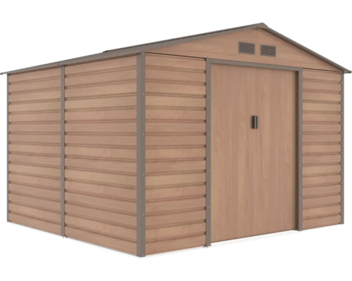 Kovový záhradný domček s dekorom dreva, sedlovou strechou a dvojkrídlovými dverami.