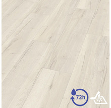 Laminátová podlaha vo svetlom dekore dreva, odolná proti vode až 72 hodín a povrch odolný proti poškriabaniu.