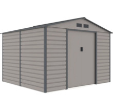 Šedý kovový záhradný domček so sedlovou strechou, dvojkrídlovými posuvnými dverami a vetracími otvormi.