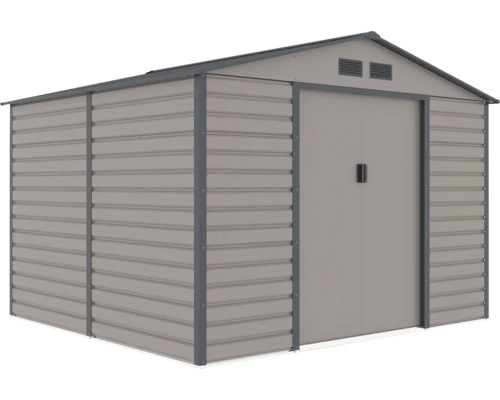 Šedý kovový záhradný domček so sedlovou strechou, dvojkrídlovými posuvnými dverami a vetracími otvormi.