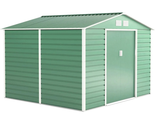 Zelený kovový záhradný domček s bielym rámom, sedlovou strechou, dvojitými posuvnými dverami a vetracími otvormi.