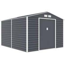 Kovový záhradný domček so sedlovou strechou a posuvnými dverami, antracitový s bielym lemovaním a vetracími mriežkami.