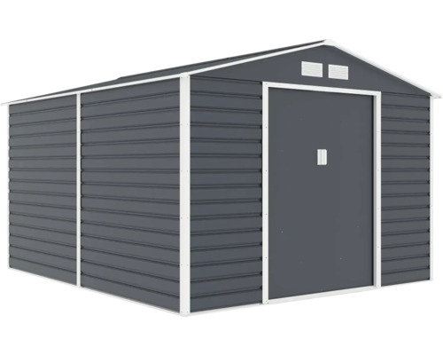 Kovový záhradný domček so sedlovou strechou a posuvnými dverami, antracitový s bielym lemovaním a vetracími mriežkami.