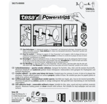 Zadná strana balenia nalepovacích háčikov tesa Powerstrips Small s ilustrovaným návodom na montáž a odstránenie a technickými údajmi o produkte.