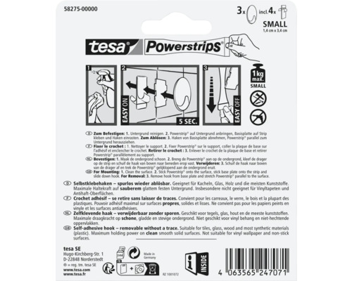 Zadná strana balenia nalepovacích háčikov tesa Powerstrips Small s ilustrovaným návodom na montáž a odstránenie a technickými údajmi o produkte.