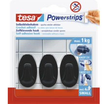 Logo tesa, Powerstrips háčik Small, oválny, čierny, 3 kusy, 4 lepiace prúžky, nosnosť maximálne 1 kilogram, bez vŕtania, odstrániteľný bez stôp.