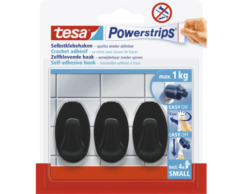 Logo tesa, Powerstrips háčik Small, oválny, čierny, 3 kusy, 4 lepiace prúžky, nosnosť maximálne 1 kilogram, bez vŕtania, odstrániteľný bez stôp.