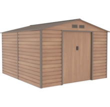 Kovový záhradný domček vo vzhľade dreva so sedlovou strechou a dvojitými posuvnými dverami.