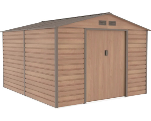 Kovový záhradný domček vo vzhľade dreva so sedlovou strechou a dvojitými posuvnými dverami.