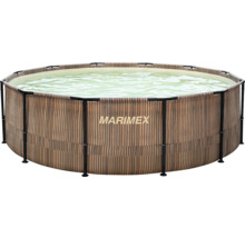 Kruhový nadzemný bazén Marimex s kovovým rámom a stenou s motívom dreva.