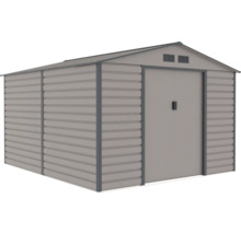 Sivý kovový domček na náradie so sedlovou strechou, dvojitými posuvnými dverami a vetracími otvormi.