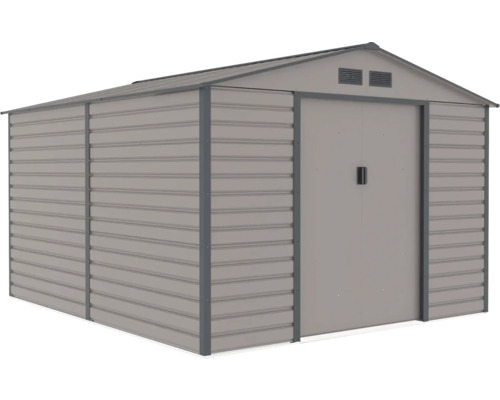 Sivý kovový domček na náradie so sedlovou strechou, dvojitými posuvnými dverami a vetracími otvormi.