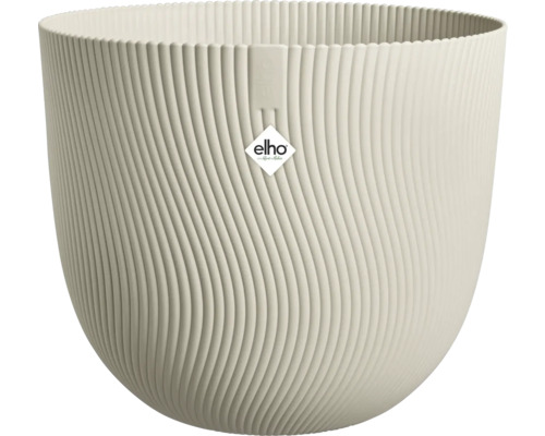 Krémovo biely okrúhly plastový kvetináč Elho so zvislou vlnitou štruktúrou a logo Elho.